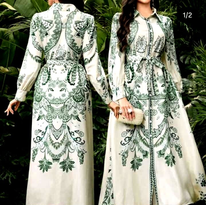 VESTIDO CAMISERO CREMA ESTAMPADO VERDE.