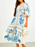 VESTIDO MIDI CREMA FLORES AZULES