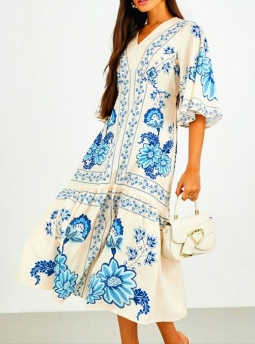 VESTIDO MIDI CREMA FLORES AZULES